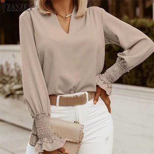 V-neck long-sleeved shirt loose casual top women's T-shirt